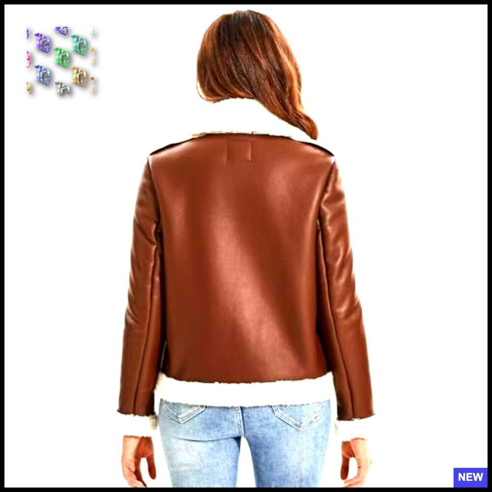 Faux Shearing Moto Jacket Thick Fur Lined Coat Sherpa Leather Chic - Picture 4 of 7